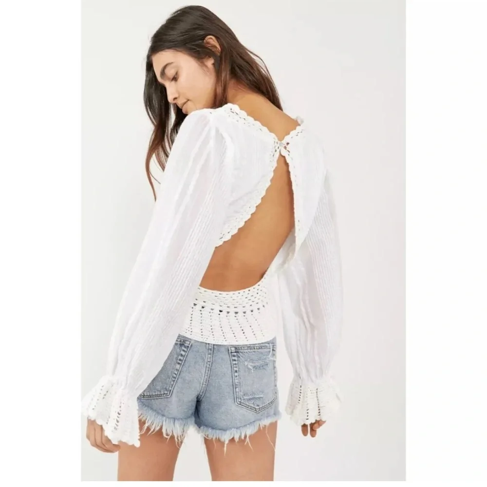 NWT Free People $128 Megan Crochet Knit Open Back Key Hole Blouse Ivory Small